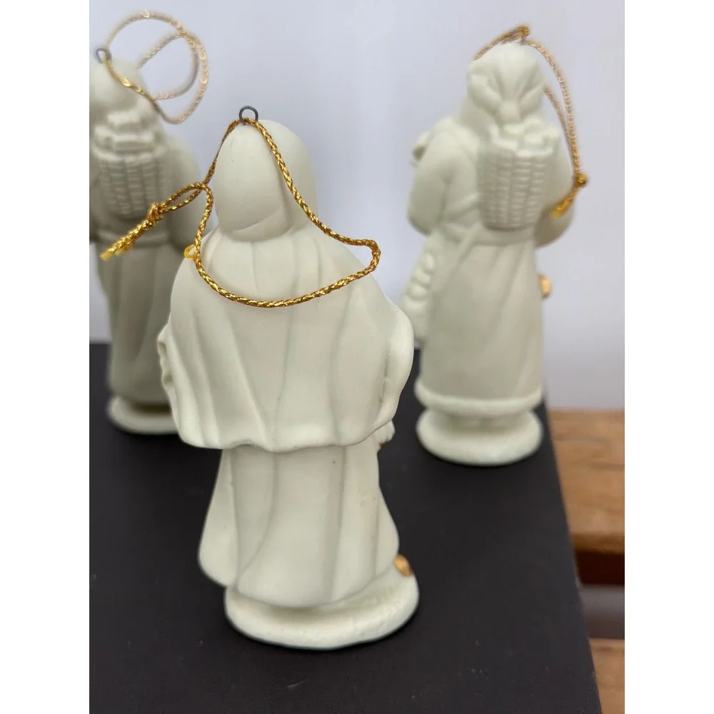 Vintage Bisque Porcelain Santa Claus Ornaments Gold Accents Set of 6 Cream 4